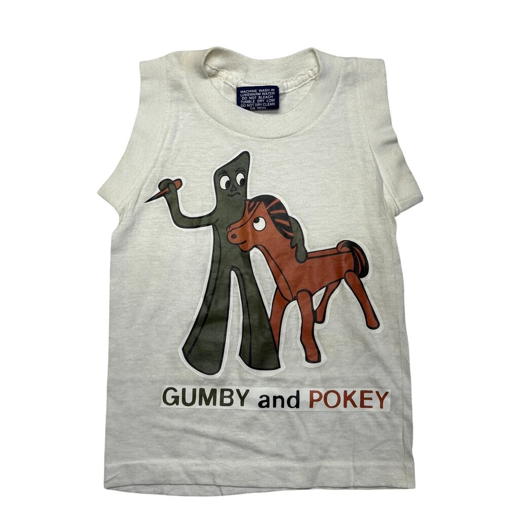 Vintage Gumby and Pokey Tank Top Small 6-8 Kids White Cartoon Made in USA 80s